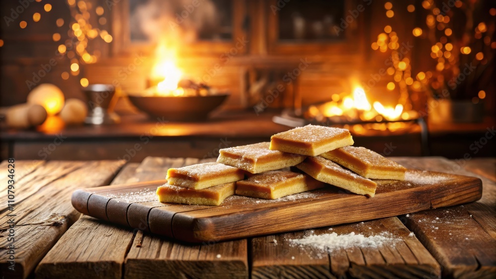 Wall mural A rustic wooden table with a rustic wooden cutting board dusted with powdered sugar holding a stack of warm, golden brown, caramel bars with a warm fire in the background