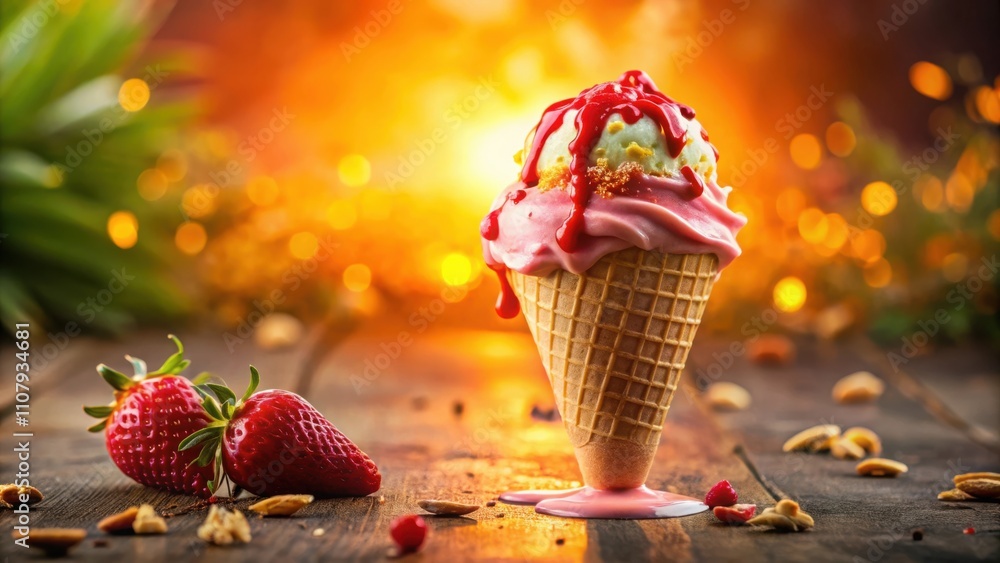 Aufkleber a melting ice cream cone with strawberries and nuts on a rustic wooden table, lit by warm golden lig