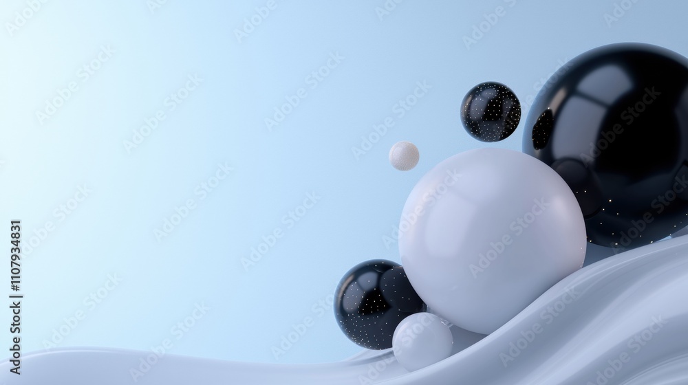 Poster 3d rendering of a group of black and white spheres floating on a light blue background. the spheres 