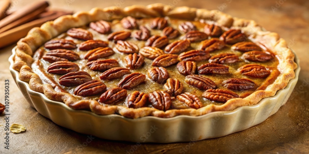 Poster a freshly baked pecan pie, with a golden crust and a generous topping of pecan halves, resting in a 