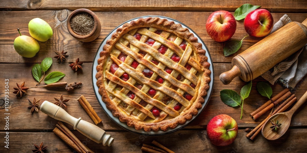Poster a freshly baked apple pie with a golden brown crust and a lattice top, surrounded by apples, cinnamo