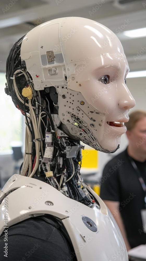 Aufkleber humanoid robot with exposed wiring and mechanical components in a tech lab, ai
