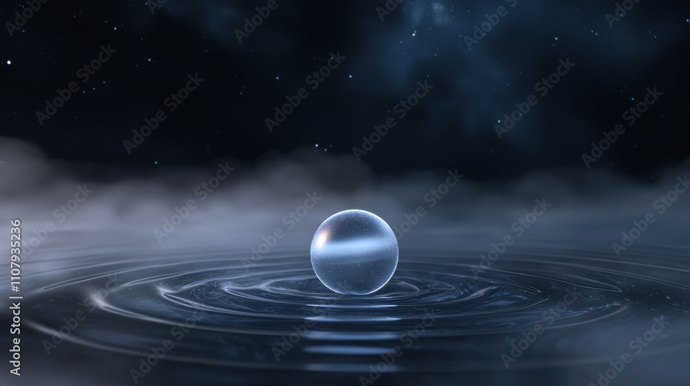 Aufkleber digital illustration of a single sphere floating in the center of a body of water. the sphere is sph