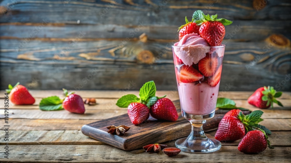 Poster a refreshing summer dessert with a glass of pink ice cream topped with fresh strawberries and a spri