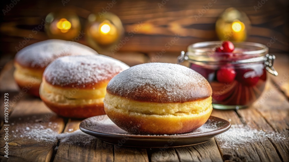 Poster powdered sugar dusted donuts on a rustic wooden table with a jar of preserved fruit