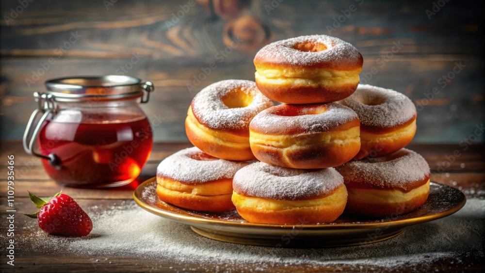 Poster A stack of freshly baked donuts with a delicate dusting of powdered sugar, accompanied by a jar of red syrup and a single ripe strawberry, creating a tempting and irresistible sweet treat.