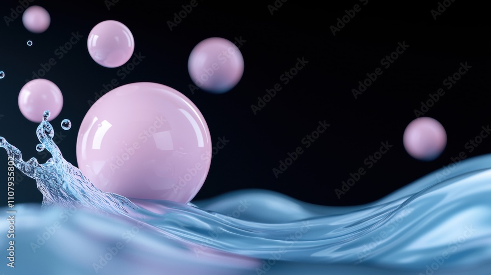 Poster group of pink spheres floating in the air against a black background. the spheres are of different s