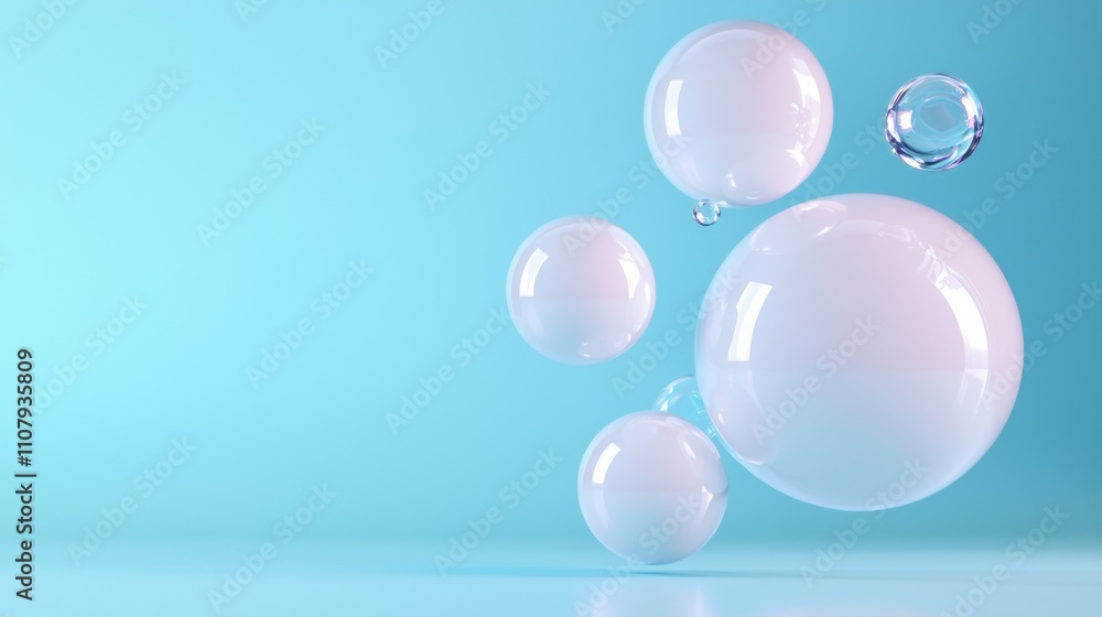 Poster group of five white spheres floating in the air against a light blue background. the spheres are of 