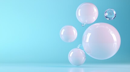 Group of five white spheres floating in the air against a light blue background. the spheres are of different sizes and shapes, with the largest one in the center and two smaller ones on either side.