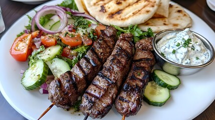 Grilled Beef Kebabs with Fresh Vegetables, Tzatziki Sauce, and Pita Bread