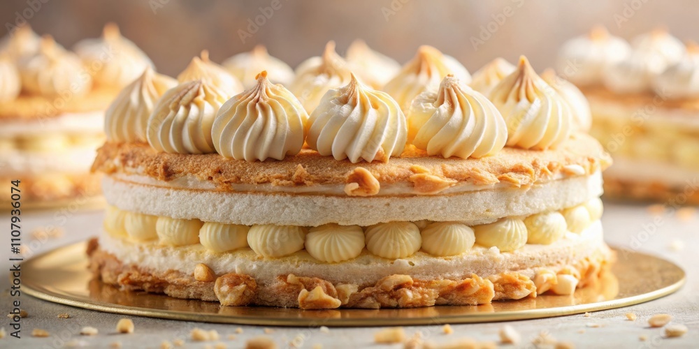 Poster a delicate layered cake with a swirl of vanilla buttercream, a smooth white filling and a crunchy nu