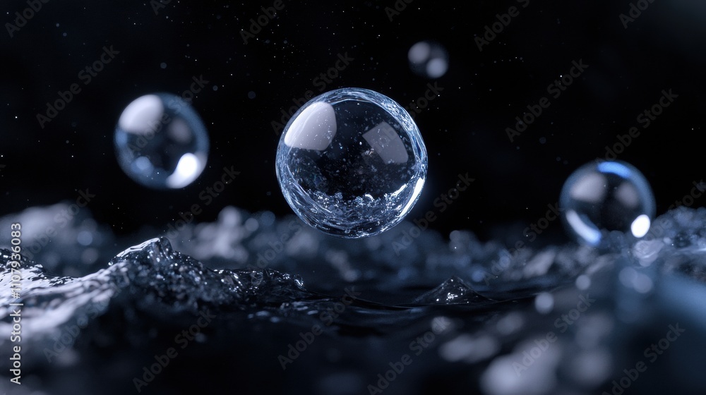 Poster three soap bubbles floating in the air against a dark background. the soap bubbles are of different 
