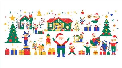 Obraz premium Festive Christmas workshop scene with Santa and his elves busily preparing gifts toys and other for the upcoming holiday surrounded by a variety of colorful elements like Christmas trees presents