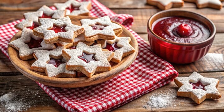 A plate of homemade star-shaped cookies filled with red jam and dusted with powdered sugar, sitting on a red checkered napkin on a rustic wooden surface. - Powered by Adobe