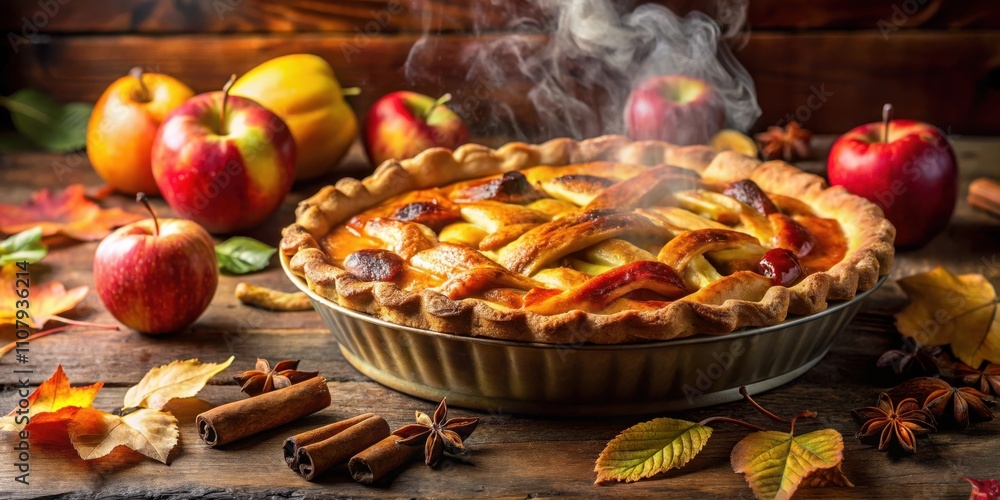 Poster a steaming hot apple pie with a flaky crust, surrounded by fall foliage and cinnamon sticks, creates