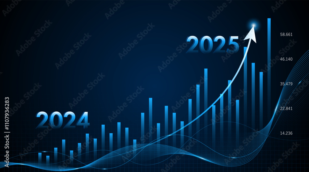 Aufkleber Arrow pointing upwards for future company growth in 2024 to 2025. Stock market graph with rising candles. Ideas for growing a profitable business or investment	