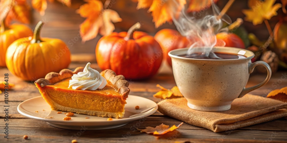 Aufkleber a slice of pumpkin pie with whipped cream and a steaming cup of coffee, set against a backdrop of au