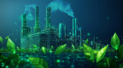 industry green energy factory chimneys green leaves lines low poly wireframe ai generated