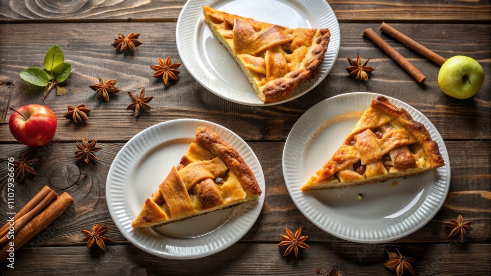Poster slices of apple pie with a lattice crust on white plates surrounded by cinnamon sticks, star anise a