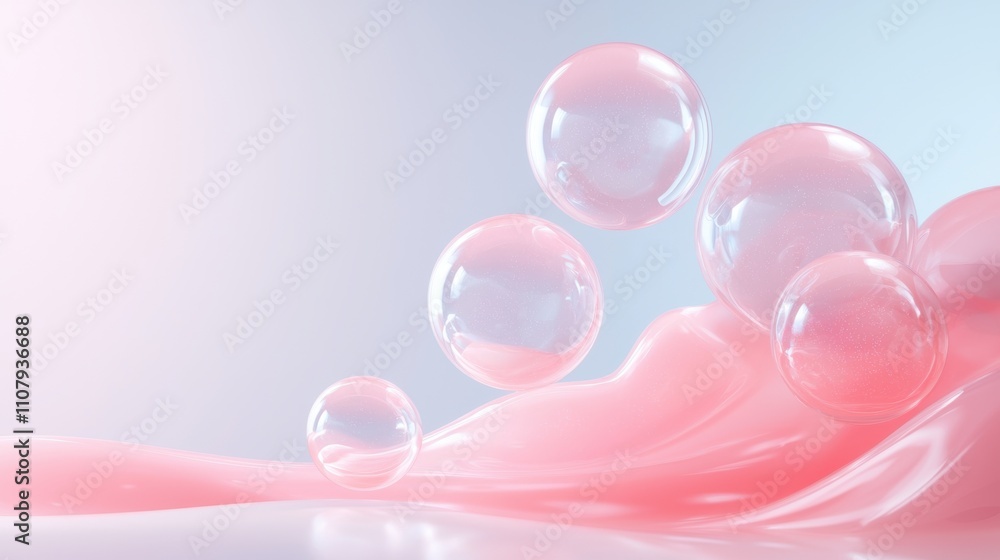 Poster group of six transparent bubbles floating on a pink liquid. the bubbles are of different sizes and s