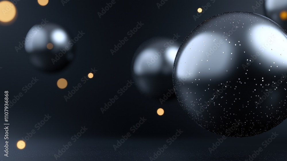 Poster digital illustration of a group of spheres floating in the air. the spheres are of different sizes a