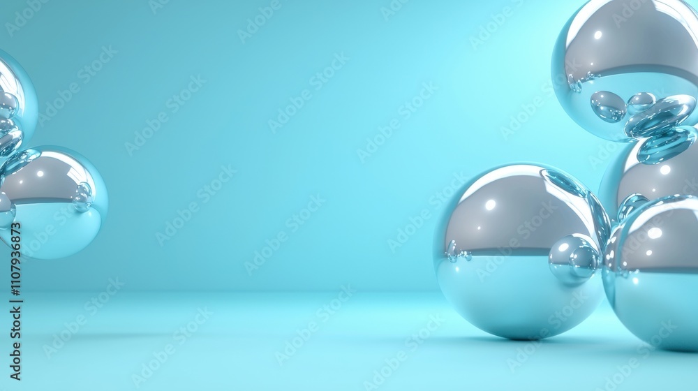 Poster group of three shiny, metallic spheres on a light blue background. the spheres are arranged in a way