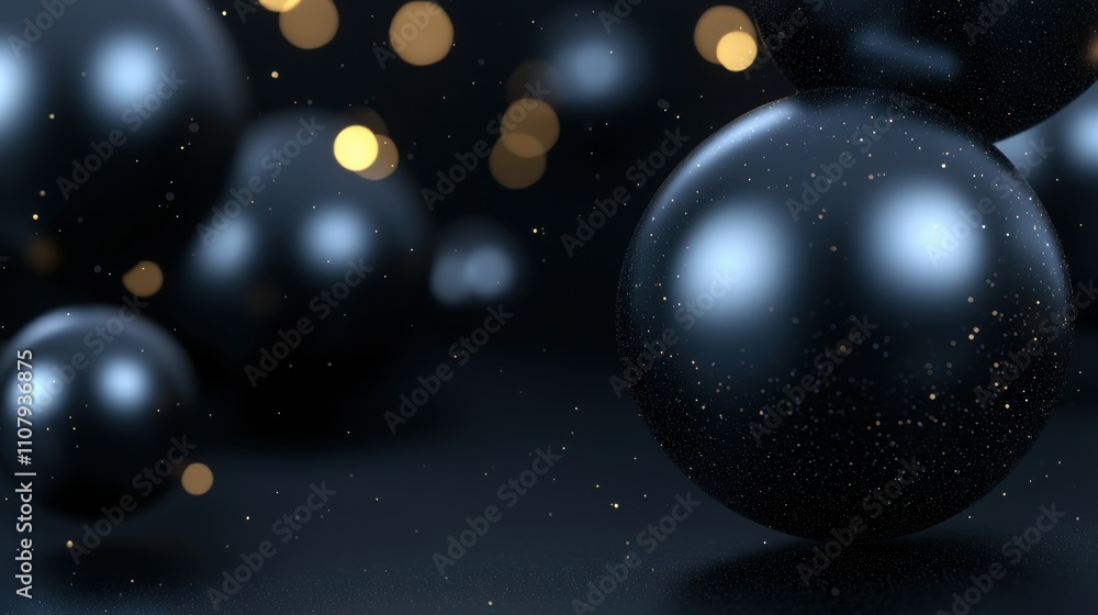 Poster close-up of a group of black spheres on a dark blue background. the spheres are spherical in shape a