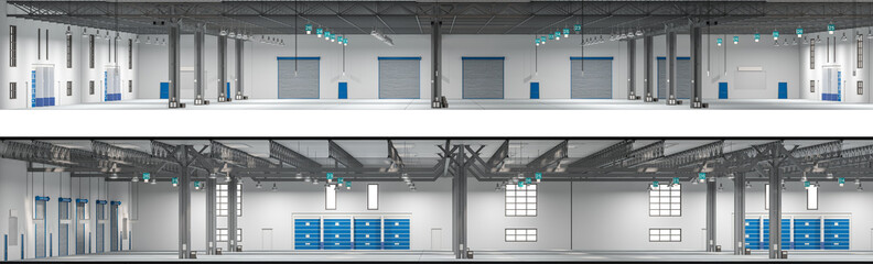 Interior of an empty industrial warehouse with storage units and loading docks