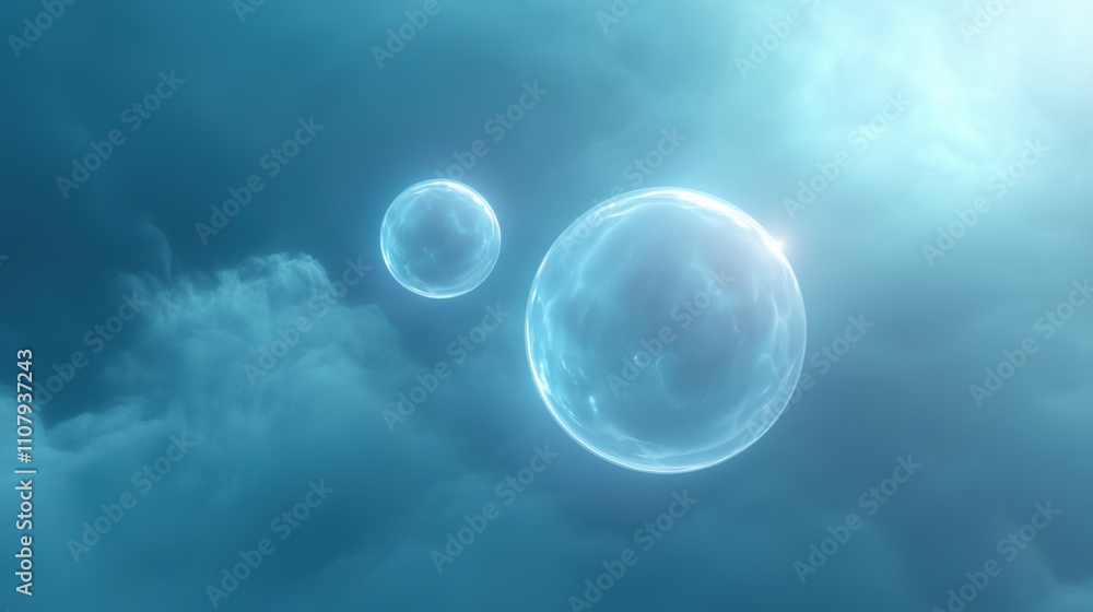 Poster two spherical objects floating in the sky. the objects appear to be made of a transparent material, 