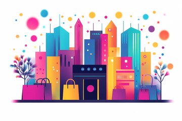 Fototapeta premium Holiday sales and discounts. Colorful gift bags and boxes and colorful buildings on a white background. New Year and Christmas sales and discounts in the city