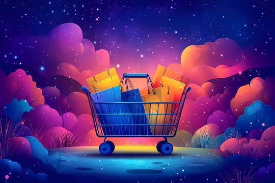 A supermarket cart with yellow and blue holiday shopping on a purple background of a night sky with pink and blue clouds, New Year and Christmas discounts and sales