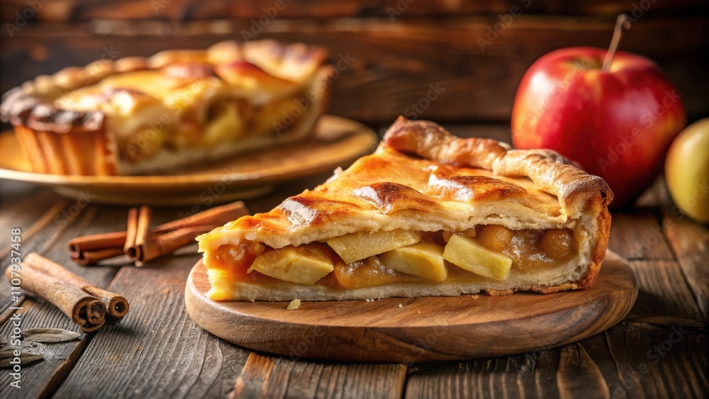 Poster a slice of freshly baked apple pie with a golden crust and a flaky texture, resting on a rustic wood