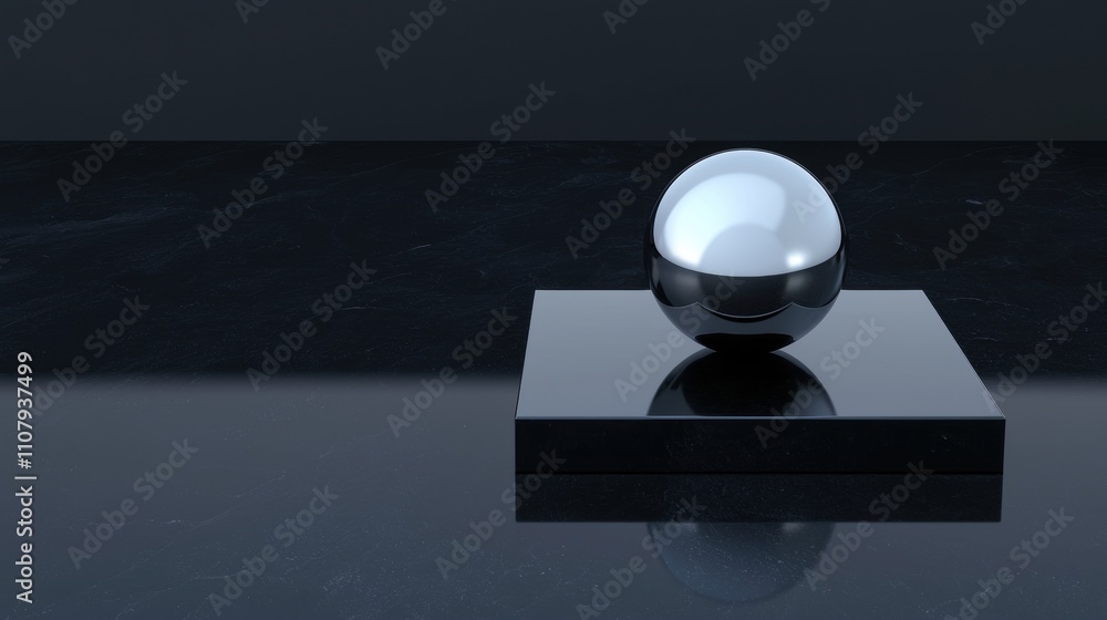 Poster black square-shaped object with a shiny, metallic sphere on top. the sphere is spherical in shape an