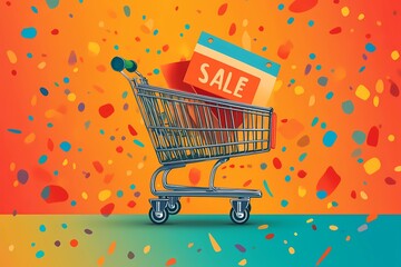 A box labeled “Sale” in a supermarket cart against an orange wall and blue floor. Festive confetti in honor of New Year and Christmas discounts and sales.