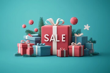 Blue and red gift boxes labeled &ldquo;Sale&rdquo; on a blue background, Christmas and holiday discounts and sales