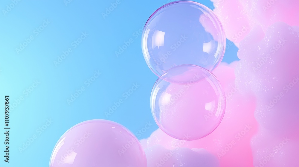 Poster three transparent spheres floating in the air against a blue and pink background. the spheres are of