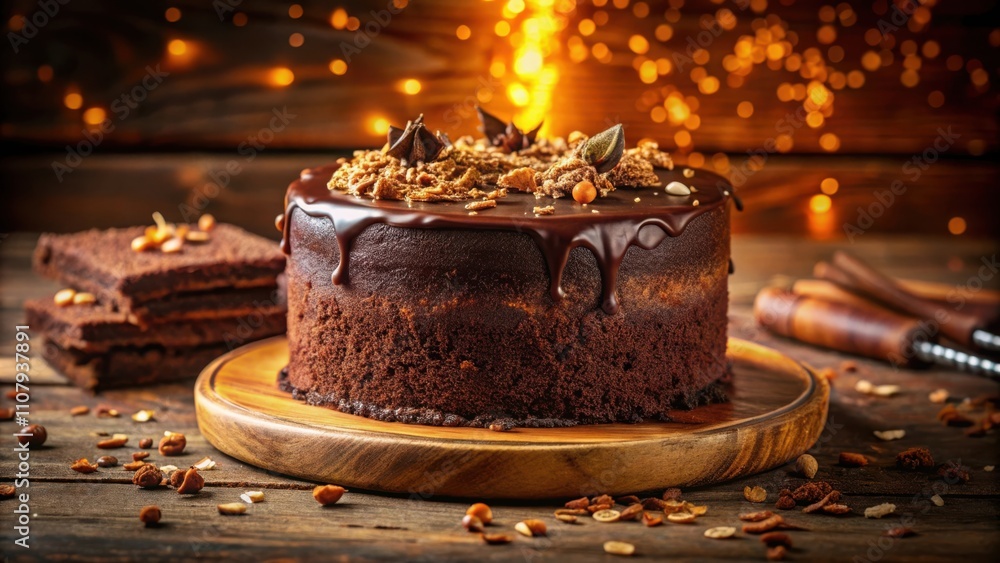 Poster a decadent chocolate cake with a smooth, rich frosting and intricate details, set against a warm, in