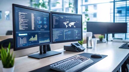 Naklejka premium High Tech Data Breach Alert Monitor with Algorithms Rapidly Analyzing the Threat and Visualizing Critical Security Information on a Digital Dashboard