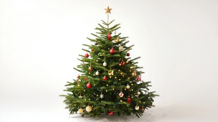 A real Christmas tree with its natural green needles, decorated with traditional ornaments and a star on top