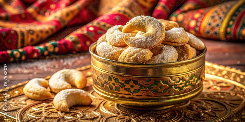Poster a golden bowl filled with crescent-shaped cookies, dusted with powdered sugar, resting on an ornate 
