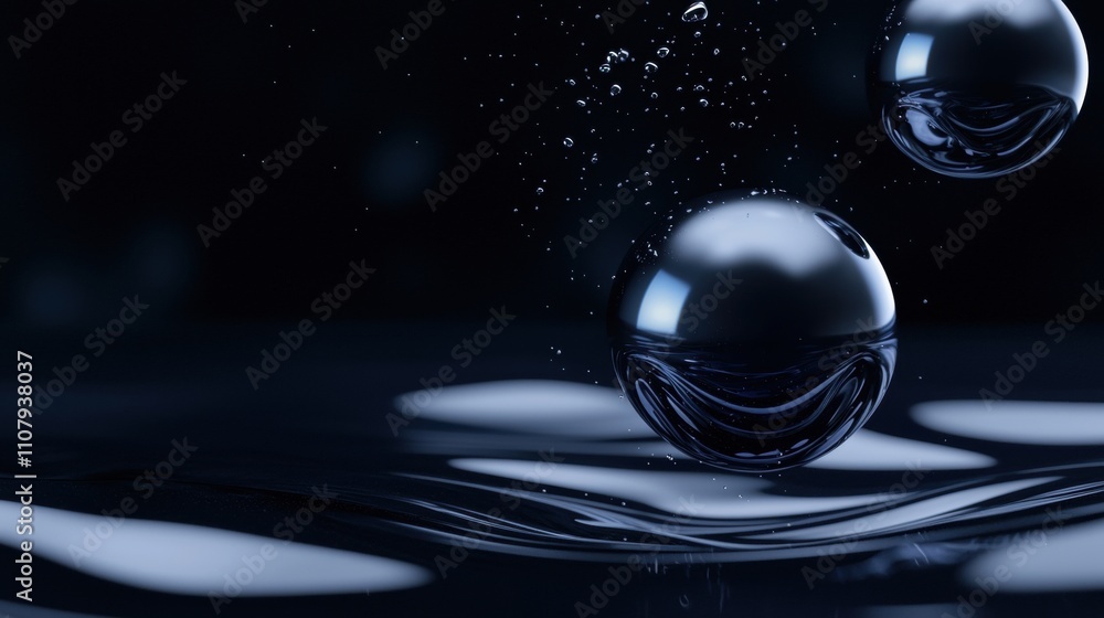 Poster two spheres floating in the water. the spheres are spherical in shape and appear to be made of a shi