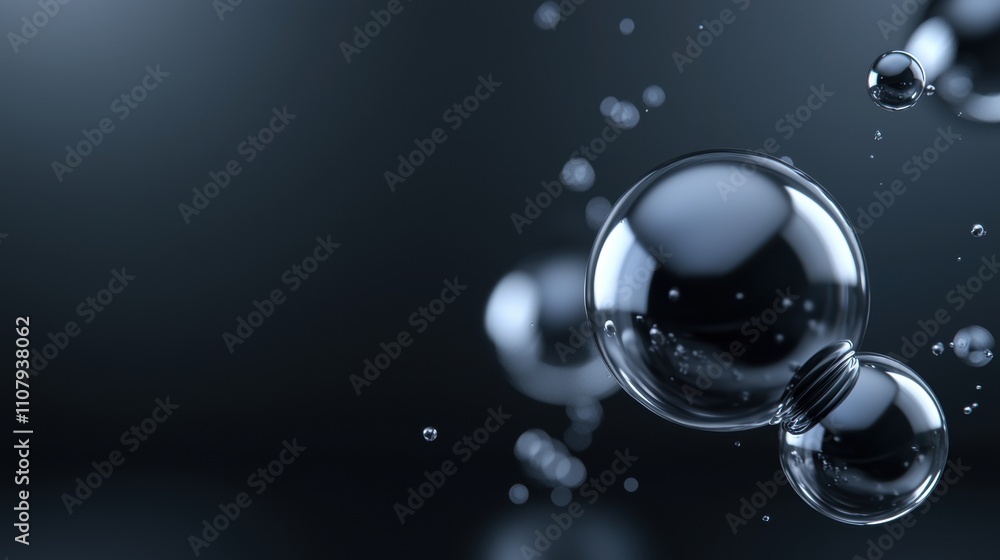 Poster close-up of a group of bubbles floating in the air. the background is a dark grey color, and the bub