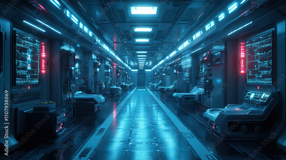 Aufkleber high-tech corridor in a futuristic laboratory during a night shift featuring advanced monitoring equ