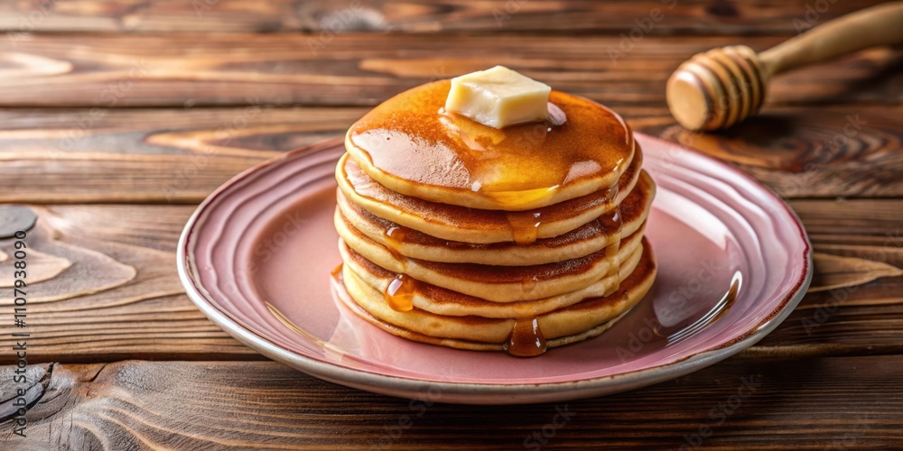 Aufkleber A plate of golden brown pancakes with a drizzle of honey and a pat of butter on top, served on a rustic wooden table