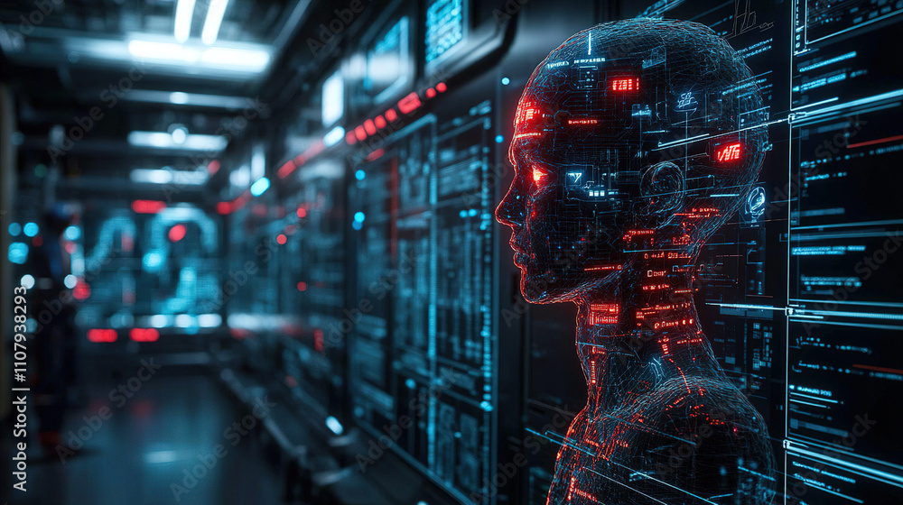 Aufkleber digital humanoid silhouette in a futuristic tech environment showcasing holographic displays and glo