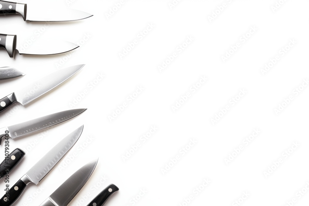 Aufkleber A collection of kitchen knives is displayed on a white surface, showcasing different types suitable for various culinary tasks and techniques. Generative AI
