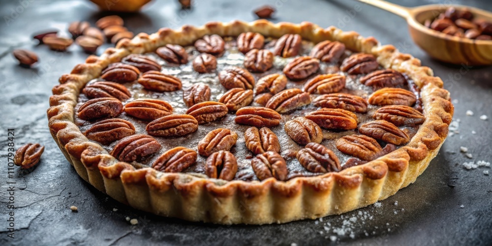 Poster a pecan pie with a flaky crust, topped with pecan halves, and a light sprinkle of powdered sugar
