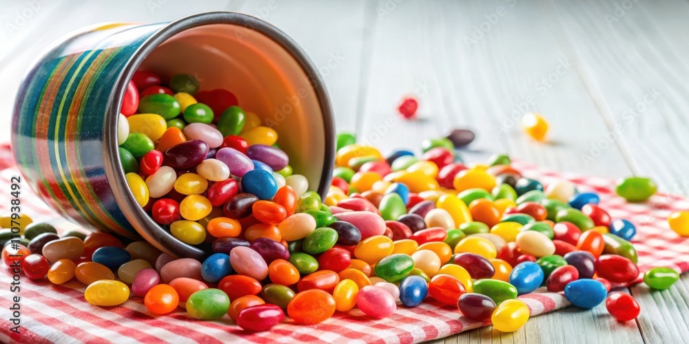 Poster a colorful bowl of jelly beans spills onto a red and white checkered cloth, creating a festive and t
