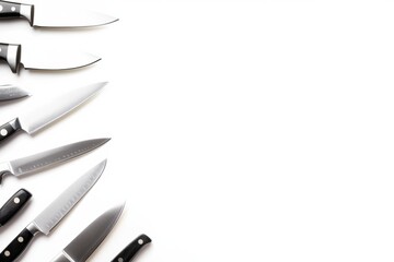 Obraz premium A collection of kitchen knives is displayed on a white surface, showcasing different types suitable for various culinary tasks and techniques. Generative AI