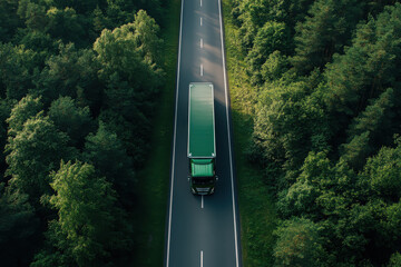 Aerial view of a green truck traveling on a road surrounded by lush trees.